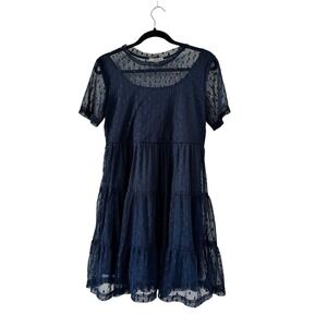 Love X Design Navy Blue Swiss Dot Mesh Tiered Mini Dress Womens Medium